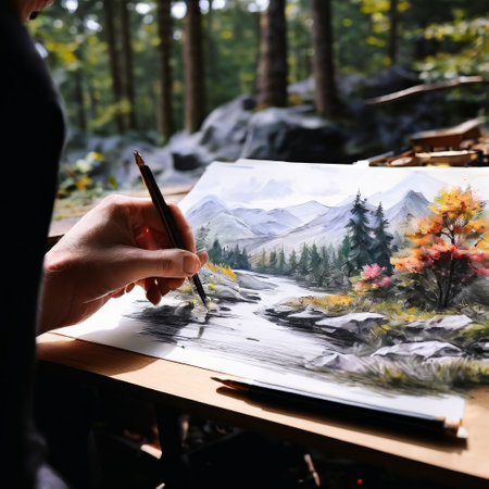 Artist painting a nature landscape outdoors with serene focusの素材