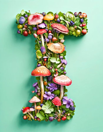 3D letter T adorned with mushrooms and berries on a vibrant green backgroundの素材
