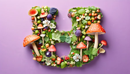 Letter U made from fruits, vegetables, and mushrooms on purple backgroundの素材