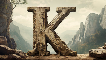 Stone letter K in a rugged mountain landscapeの素材