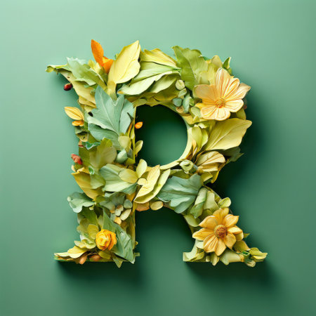 Green letter R adorned with vibrant flowers and leavesの素材