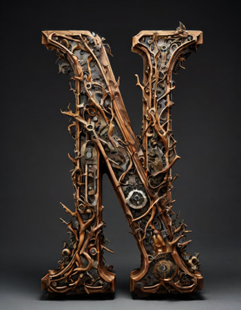 Industrial letter N with gears and mechanical components, dark backgroundの素材
