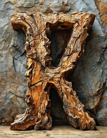 Wooden letter X carved from intricate tree bark against a rocky backdropの素材