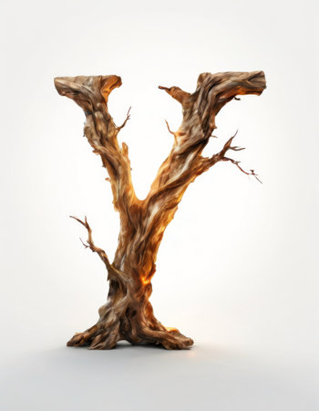 Wooden letter Y in organic tree-like design with textured branchesの素材
