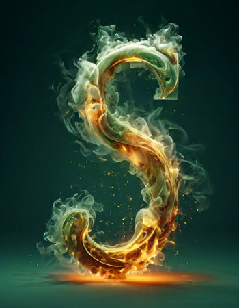 Fiery letter S engulfed in swirling green flames and glowing sparksの素材