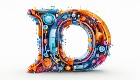 Colorful 3D abstract letter "D" with intricate mechanical elementsの素材