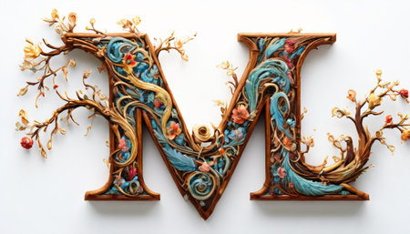 Decorative letter "M" with floral and wood texture in an artistic styleの素材
