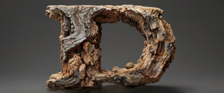 Rustic letter D made from textured tree barkの素材
