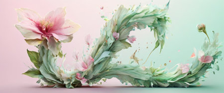 Flourishing letter "L" made of flowers and leaves in soft pastel tonesの素材