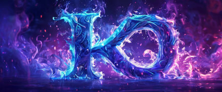 Blue and purple swirling letter K surrounded by glowing mistの素材