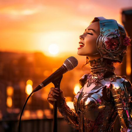 Futuristic singer in metallic outfit at sunsetの素材
