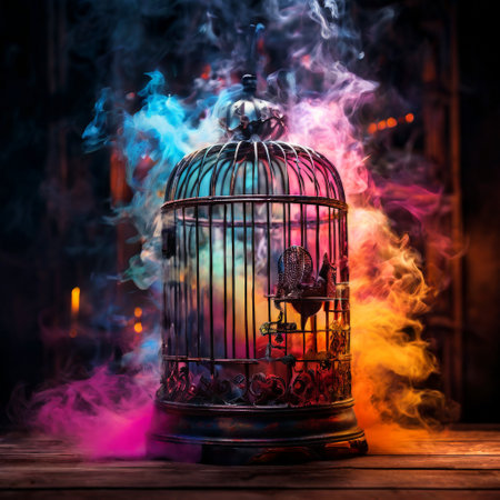 Birdcage with colorful smoke in a dimly lit roomの素材