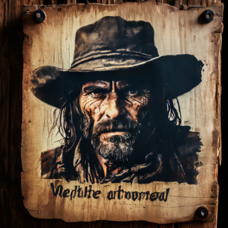 Weathered cowboy portrait on rustic wooden posterの素材