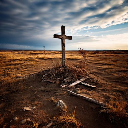 Lonely cross in desolate field under dramatic skyの素材