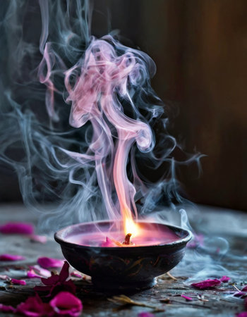 Burning incense stick in a dark setting with rose petalsの素材
