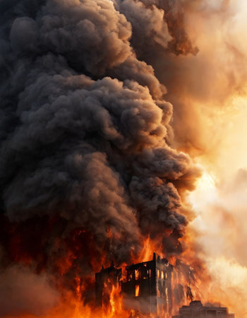 Intense building fire with thick black smokeの素材