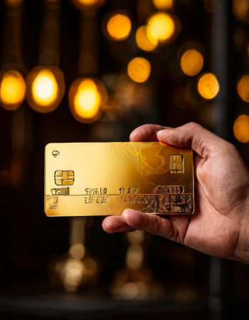 Hand Holding a Luxurious Gold Credit Card Against Bokeh Lightsの素材