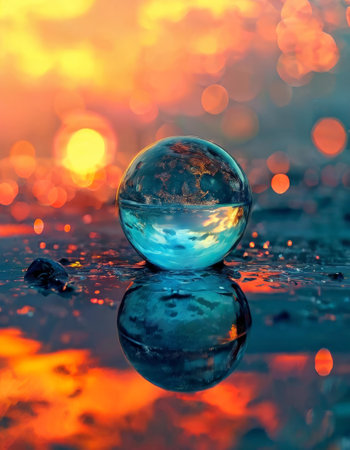Crystal ball reflecting vibrant sunset on wet surfaceの素材