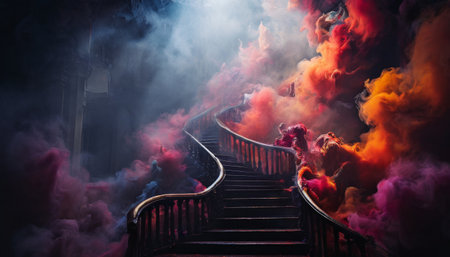 Staircase enveloped in colorful smokeの素材