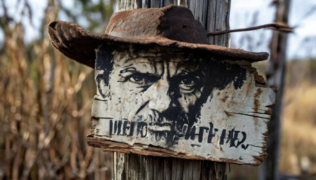 Weathered wanted poster nailed to wooden postの素材