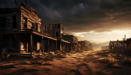 Abandoned wooden buildings in a ghost town at duskの素材