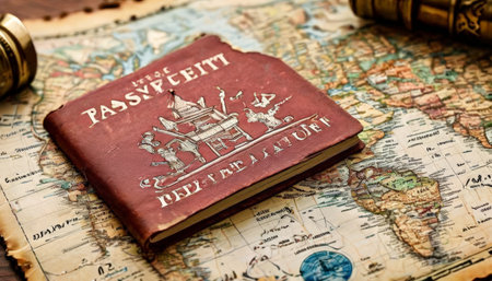 Vintage passport on antique map evokes travel nostalgiaの素材