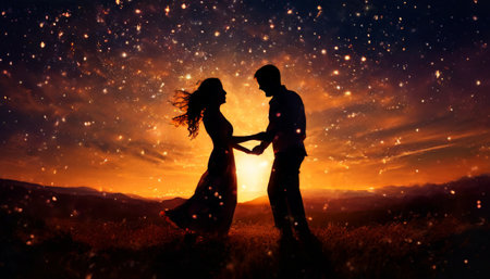 Romantic couple dancing under a starry night skyの素材