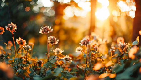 Sunlit wildflowers in a forest during golden hourの素材