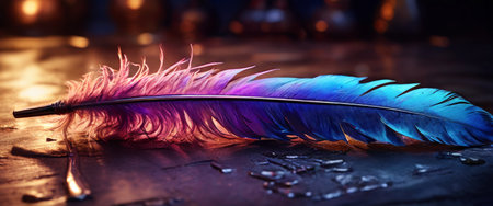 Vibrant Blue and Purple Feather on Rustic Tableの素材