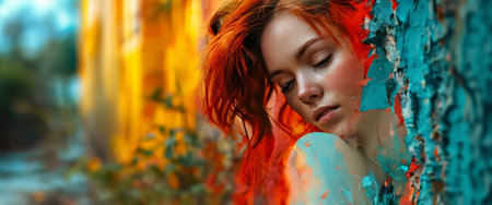 Artistic portrait of a woman in colorful abstract surroundingsの素材