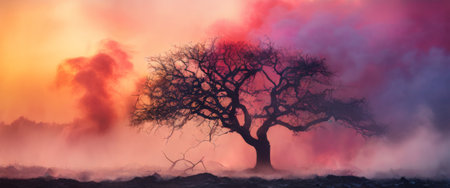 Lone tree surrounded by colorful smoke in a surreal landscapeの素材