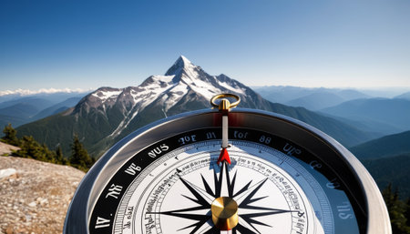 Compass pointing north with majestic mountain landscape in backgroundの素材