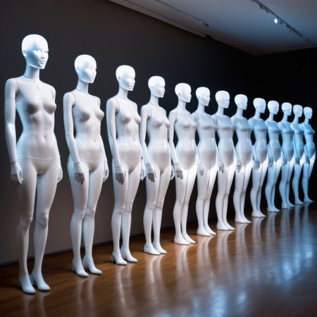 Row of white mannequins in a fashion store galleryの素材