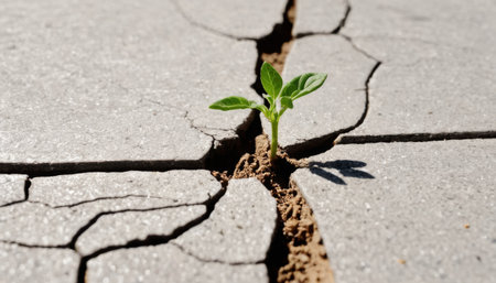 Green plant sprouting through cracked pavementの素材