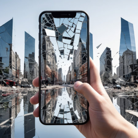 Hand holding shattered phone against a futuristic cityscapeの素材