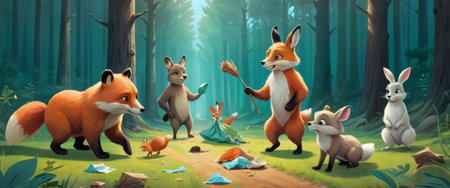 Cartoon Forest Scene with Animals and Litterの素材