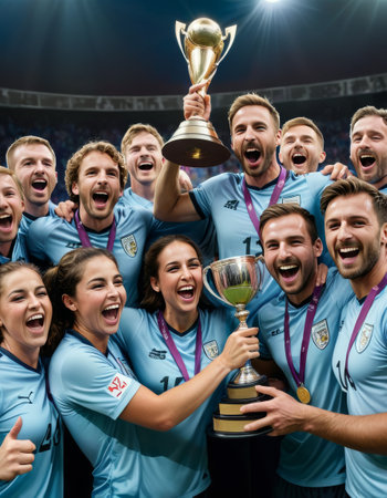 Sports Team Celebrating Victory with Trophyの素材