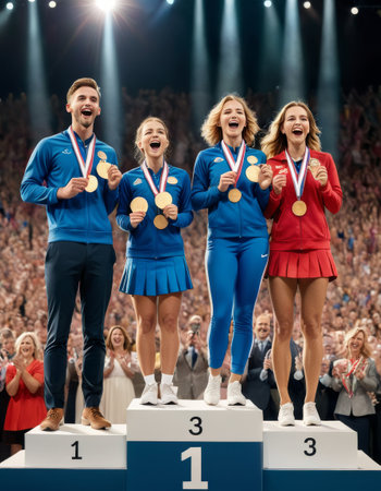 Joyful Athletes Celebrating on the Podiumの素材