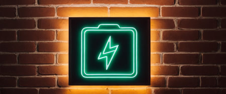 Green neon battery icon on brick wall backgroundの素材