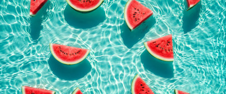 Fresh watermelon slices floating in a clear poolの素材