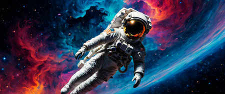 Astronaut floating in colorful space nebulaの素材