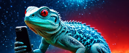 Blue lizard with red eyes holding smartphoneの素材