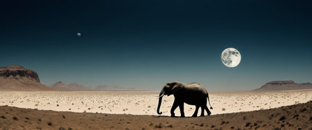 Elephant walking in desert under full moonの素材