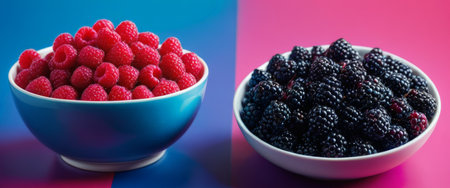Bowls of fresh raspberries and blackberries on colorful backgroundの素材