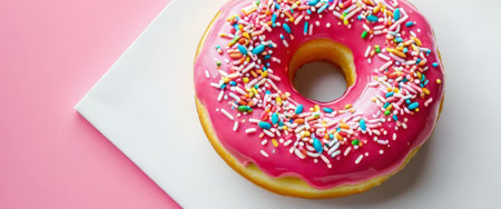 Pink glazed donut with colorful sprinkles on white and pinkの素材