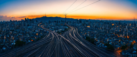 Cityscape with illuminated train tracks at sunsetの素材