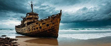 Rusted Shipwreck on Stormy Beachの素材