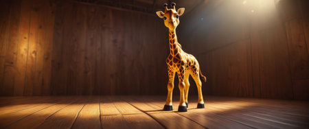 Cute giraffe figurine standing on wooden floor in spotlightの素材