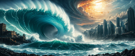 Dramatic tsunami wave approaching modern cityの素材
