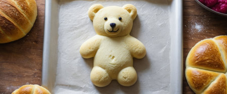Cute teddy bear shaped bread on baking trayの素材